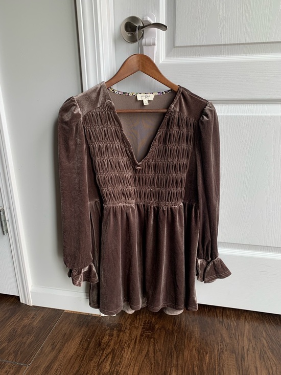 Umgee Tops - Umgee Velvet Smocked Peasant Blouse in Brown